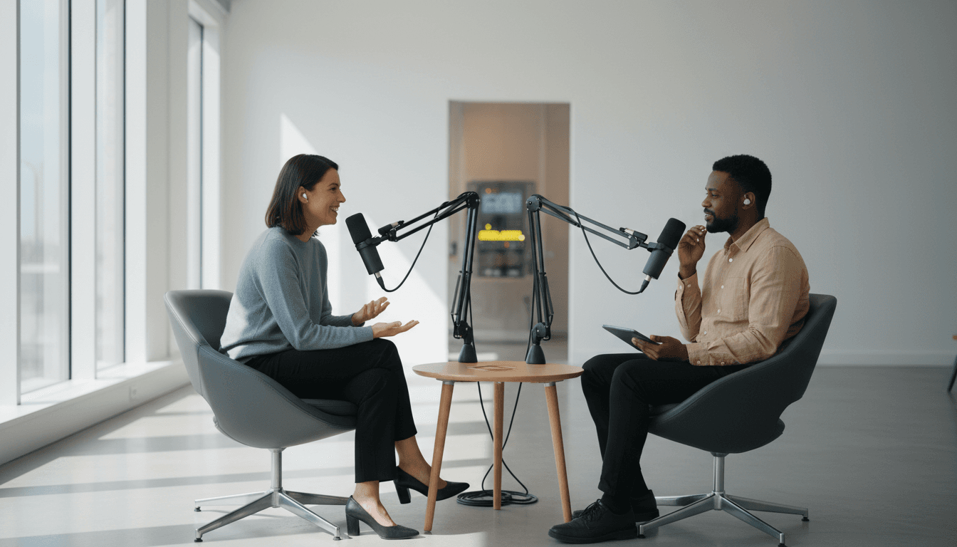 Professional interview setup with two participants in a modern, minimalist studio space