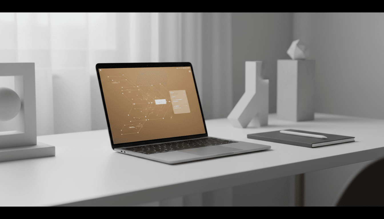 Minimalist tech workspace with laptop and modern design aesthetic